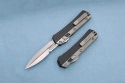 Microtech Knives Glykon Signature Series D/E OTF Automatic Knife Stonewashed Blade W/ Black Handle And Bead Blast Overlay -184-10S