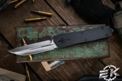 Marfione Custom Scarab II OTF Automatic Knife, Blue Ringed HW 4" DE-S Drop Double Edge Hand Rubbed