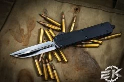 Marfione Custom Scarab II OTF Automatic Knife, Blue Ringed HW 4" DE-S Drop Double Edge Mirror Polish