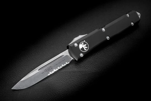 Microtech Knives Ultratech S/E OTF Automatic Knife Apocalyptical Partially Serrated Blade Black Handle 121-11AP