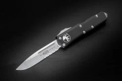 Microtech Knives UTX-85 S/E OTF Automatic Knife Stonewash Partially Serrated Blade Contoured Black Handle 231-11