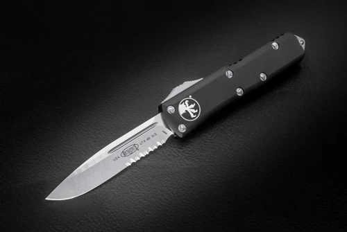 Microtech Knives UTX-85 S/E OTF Automatic Knife Stonewash Partially Serrated Blade Contoured Black Handle 231-11