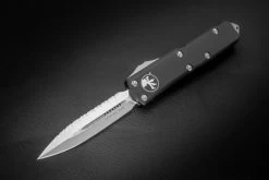 Microtech Knives UTX-85 D/E OTF Automatic Knife Dagger One Side Serrated Stonewash Blade Black Handle 232-12