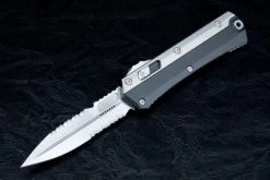Microtech Knives Signature Series Glykon D/E OTF Automatic Knife Stonewashed Fully Serrated Blade W/ Black Handle And Bead Blast Overlay -184-12