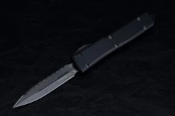 Microtech Knives Ultratech Signature Series D/E OTF Automatic Knife Black DLC Blade One Side Serrated W/ Black Handle - 122-3DLCTS