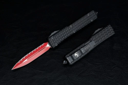 Microtech Knives Ultratech D/E Sith Lord OTF Automatic Knife Red Blade One Side Serrated And Black Handle - 122-3SL