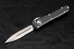 Microtech Knives Ultratech D/E OTF Automatic Knife Stonewashed Blade Partially Serrated Contoured Black Handles - 122-11