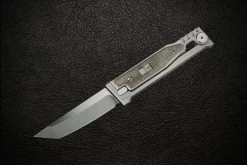 Reate Knives EXO-M Exoskeleton Design Manual OTF Knife Tanto Stonewash Blade W/ Titanium And Green Micarta Handles