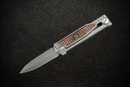Reate Knives EXO-M Exoskeleton Design Manual OTF Knife Double Edge Dagger Stonewash Blade W/ Titanium And Burlap Micarta Handles