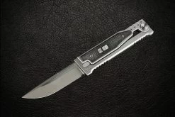 Reate Knives EXO-M Exoskeleton Design Manual OTF Knife Drop Point Stonewash Blade W/ Titanium And Black Micarta Handles
