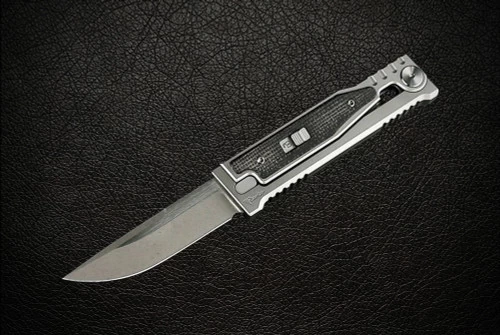 Reate Knives EXO-M Exoskeleton Design Manual OTF Knife Drop Point Stonewash Blade W/ Titanium And Black Micarta Handles