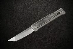 Reate Knives EXO Exoskeleton Design Manual OTF Knife Tanto Satin Blade W/ Titanium And Black Micarta Handles