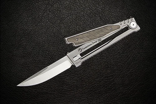 Reate Knives EXO Exoskeleton Design Manual OTF Knife Drop Point Satin Blade W/ Titanium And Green Micarta Handles