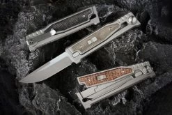 Reate Knives EXO-M Exoskeleton Design Manual OTF Knife Drop Point Stonewash Blade W/ Titanium And Green Micarta Handles
