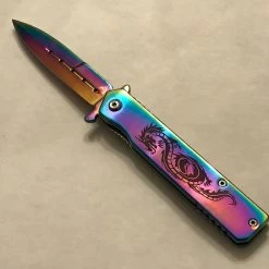 7.25" Spring Assisted Titanium Rainbow Dragon Pocket Knife