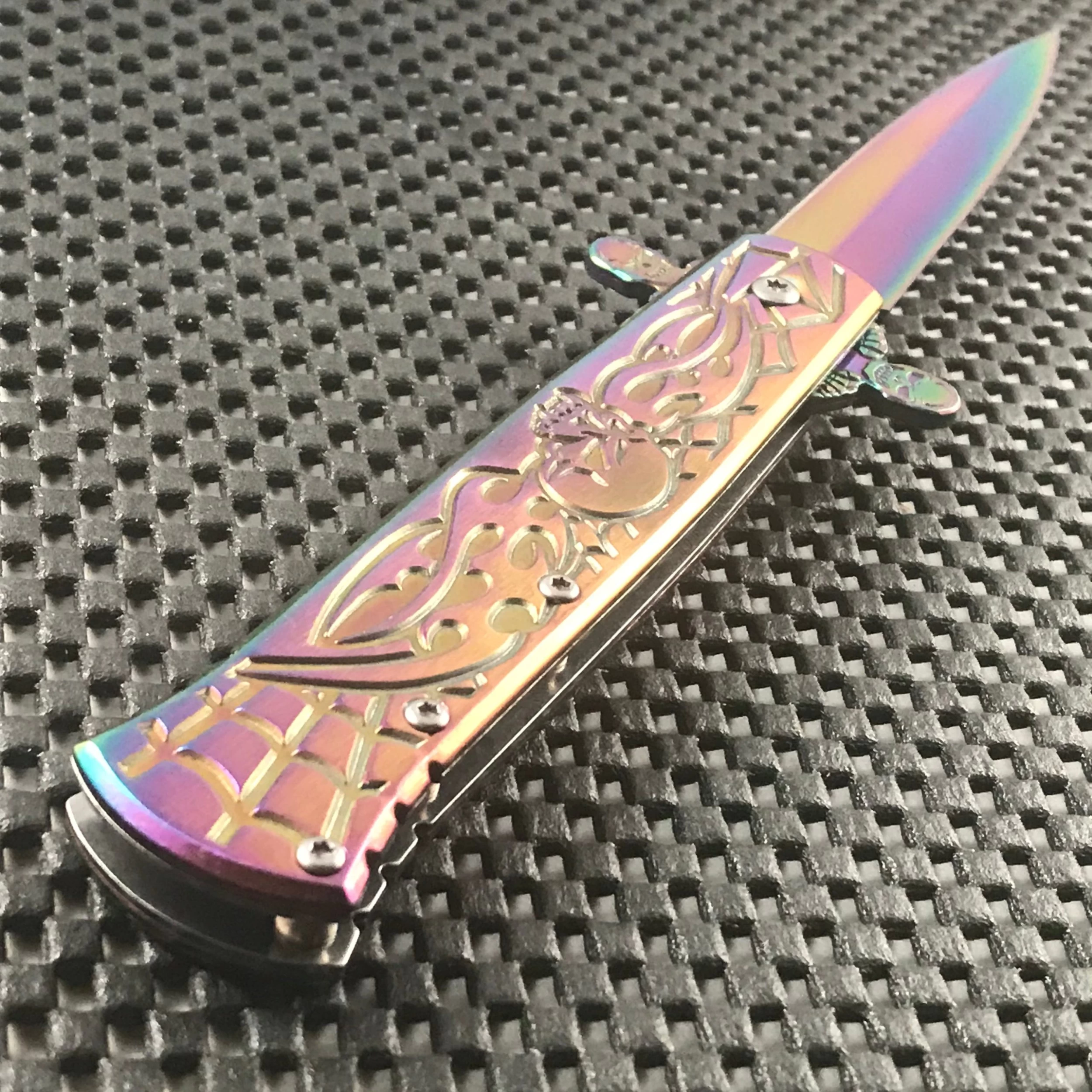 8.5β Tac Force Stiletto Web Skull Assisted Gravedigger Rainbow Outdoor Knife - Image 4