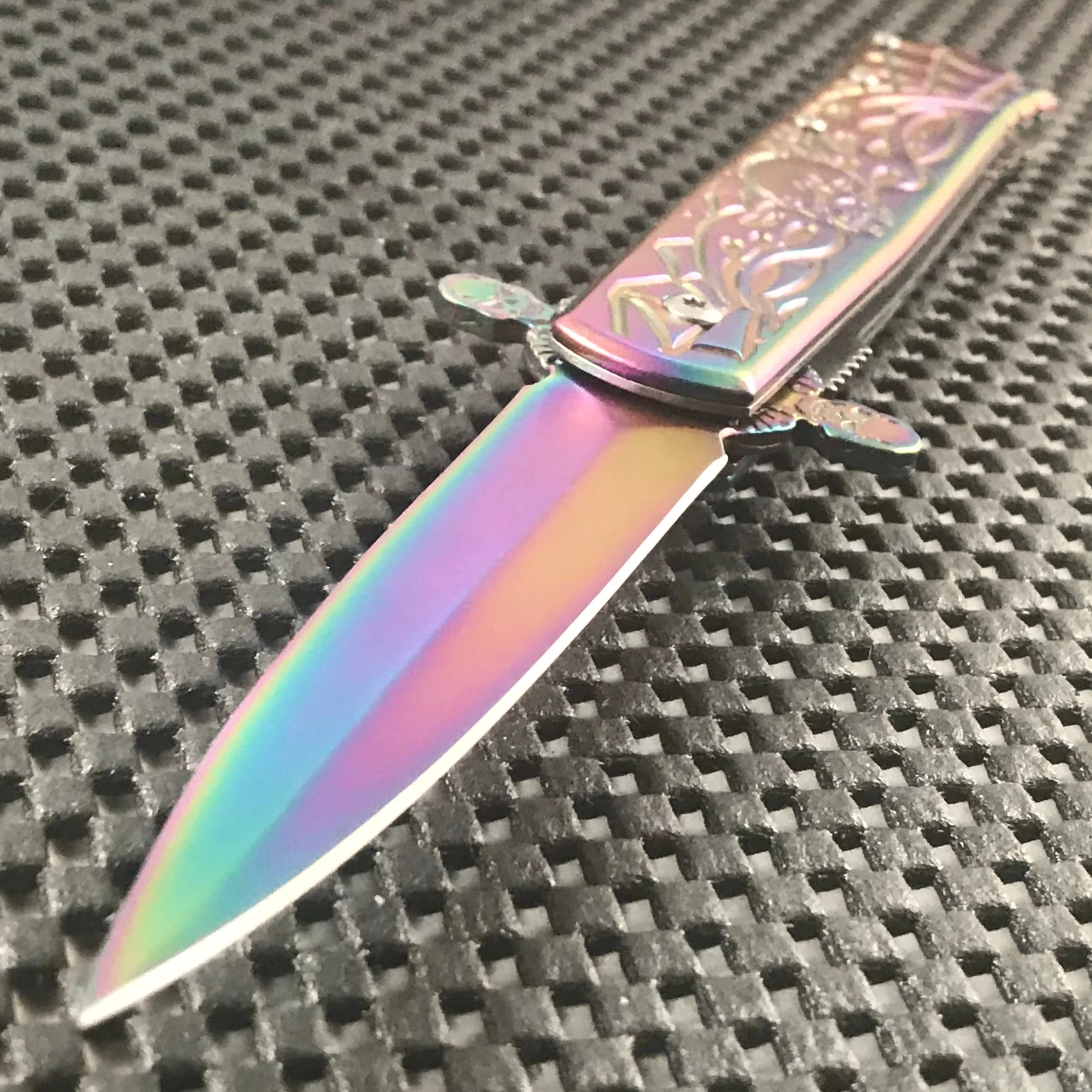 8.5β Tac Force Stiletto Web Skull Assisted Gravedigger Rainbow Outdoor Knife - Image 2
