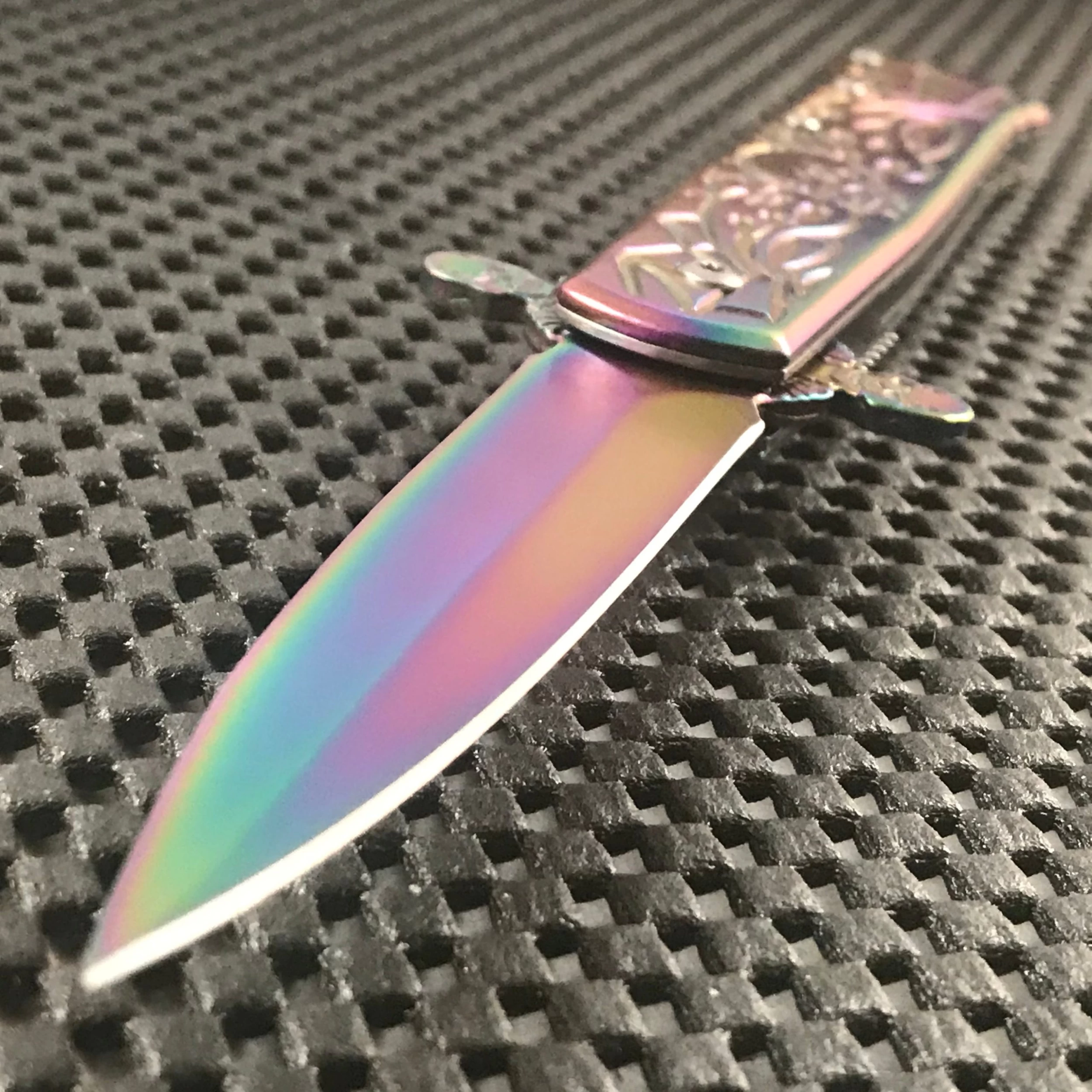8.5β Tac Force Stiletto Web Skull Assisted Gravedigger Rainbow Outdoor Knife
