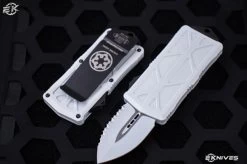 Microtech Exocet "Storm Trooper" OTF Automatic Knife/Money Clip 1.9" White Dagger Serrated 157-3ST