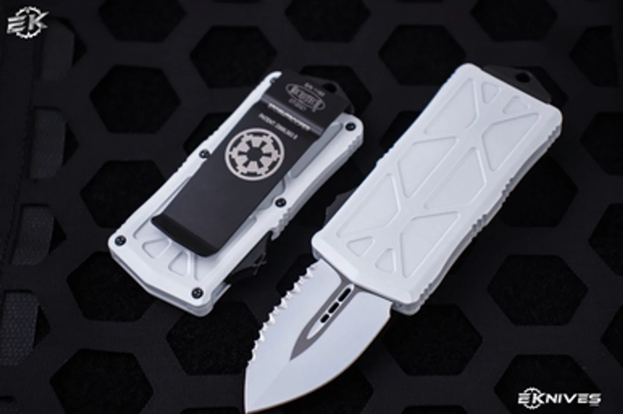Microtech Exocet "Storm Trooper" OTF Automatic Knife/Money Clip 1.9" White Dagger Serrated 157-3ST