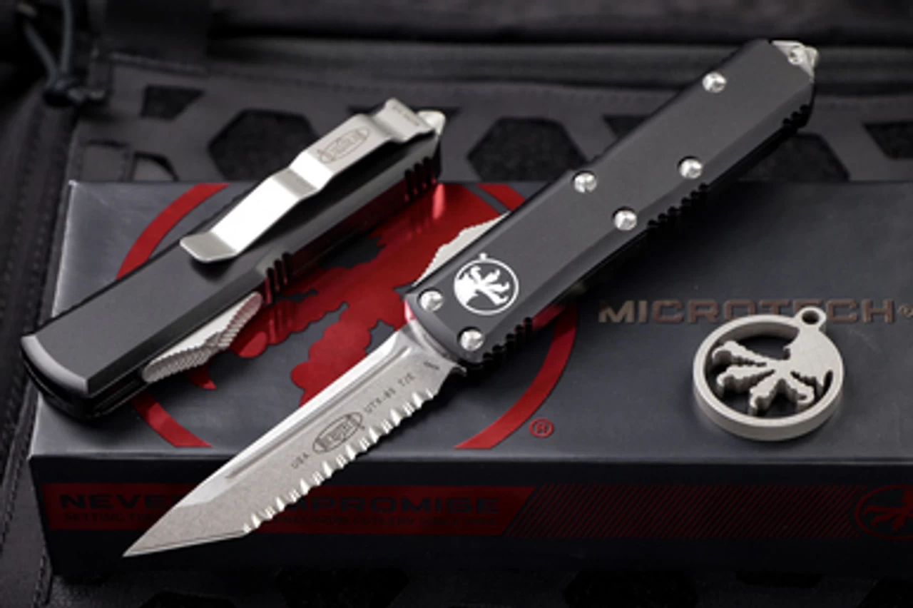 Microtech UTX-85 OTF Automatic Knife 3.1" Tanto Serrated Stonewash 233-12
