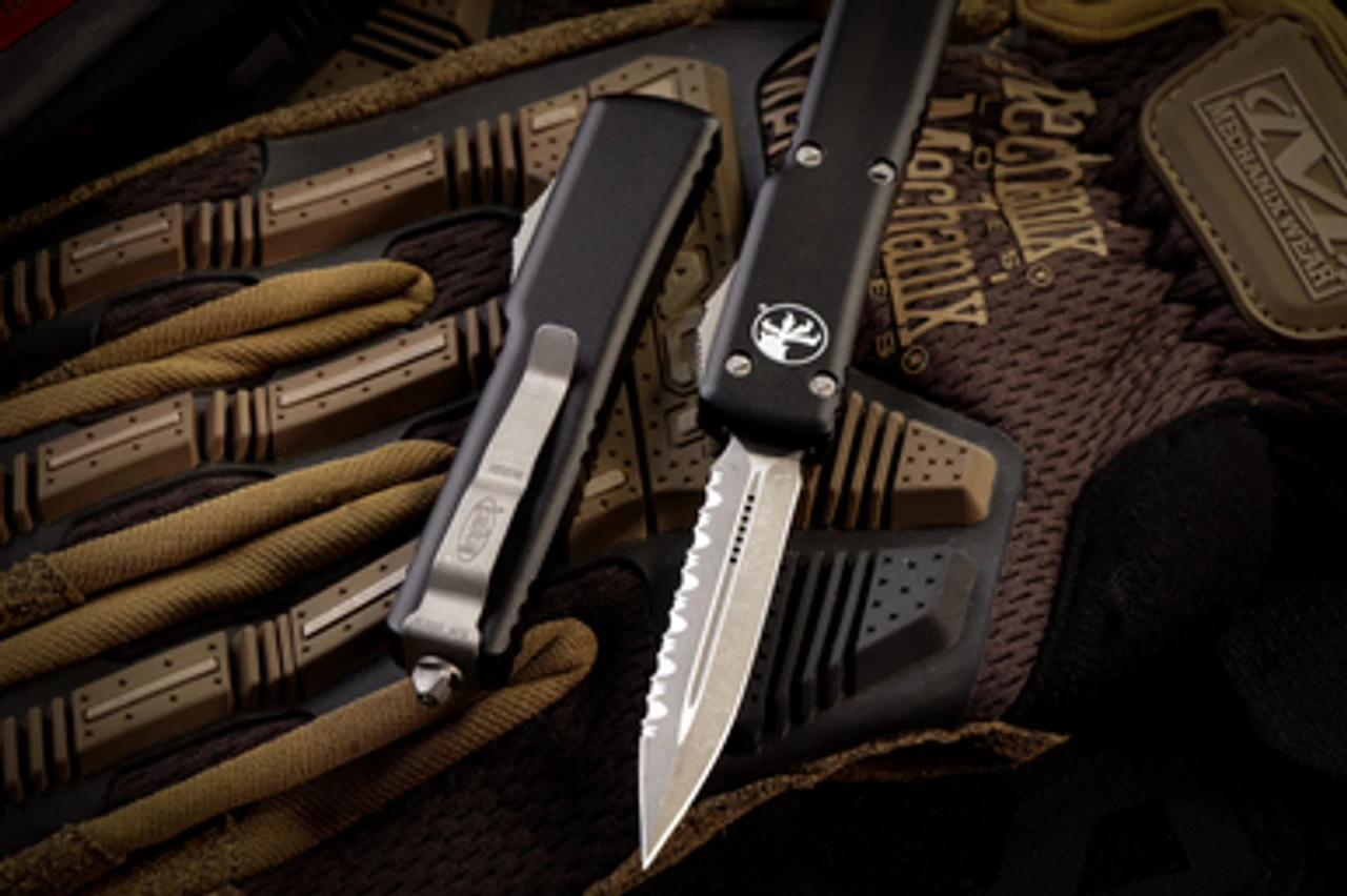 Microtech UTX-70 OTF Automatic Knife 2.4" Dagger Serrated Apocalyptic Stonewash 147-12AP - Image 2